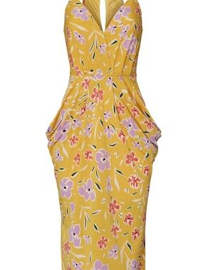 BCBGeneration Yellow Floral V-Neck Midi Dress